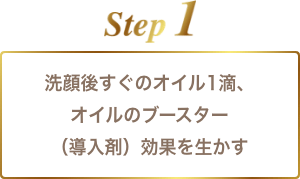 step1 洗顔後すぐのオイル1滴、オイルのブースター（導入剤）効果を生かす